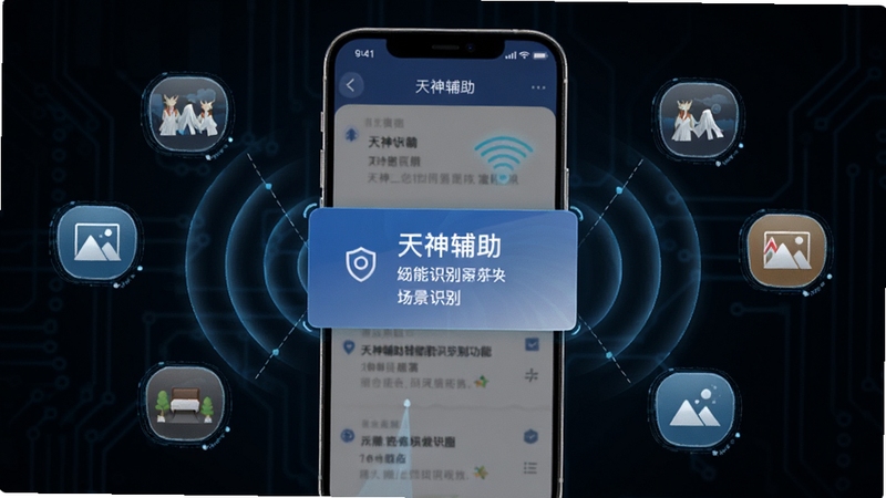 天神辅助智能场景识别功能概念图,画面展示手机屏幕中天神辅助界面弹出场景识别提示框,周围环绕雷达扫描波纹与多场景图标,背景为深色科技风格,突出智能匹配与快速响应特点