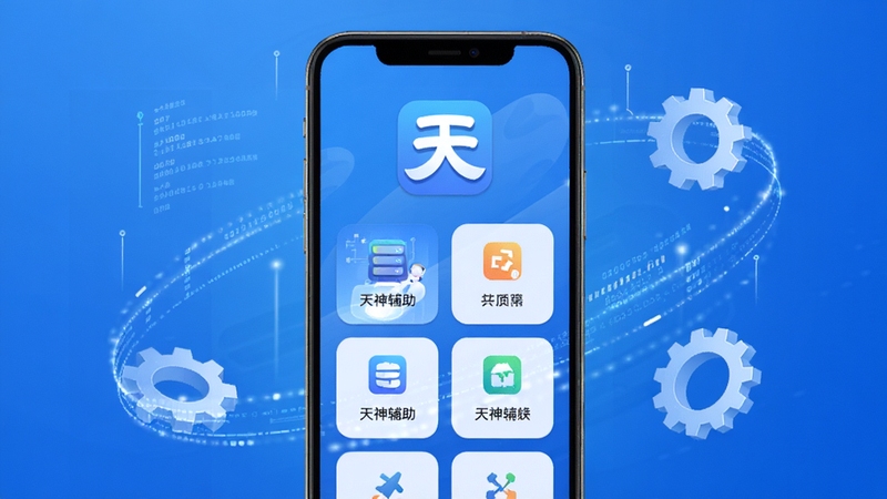 天神辅助软件主界面展示,画面中央为手机屏幕显示天神辅助应用图标与功能模块布局,背景为简约科技感蓝色渐变,四周环绕数据流与齿轮元素,整体风格干净清爽,适配Boogu模型生成