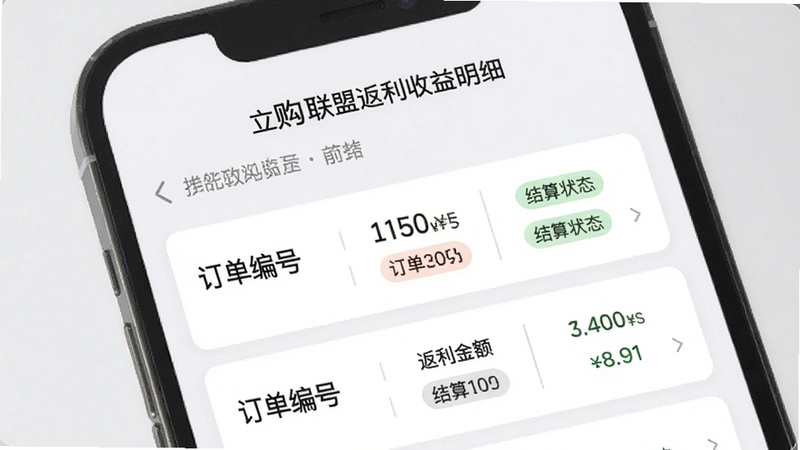 立购联盟返利收益明细页面展示,手机屏幕呈现收益记录列表,包含订单编号、返利金额、结算状态标签等元素,界面采用卡片式布局,背景为柔和浅灰与白色搭配,画面干净整洁,体现立购联盟的账目透明特点