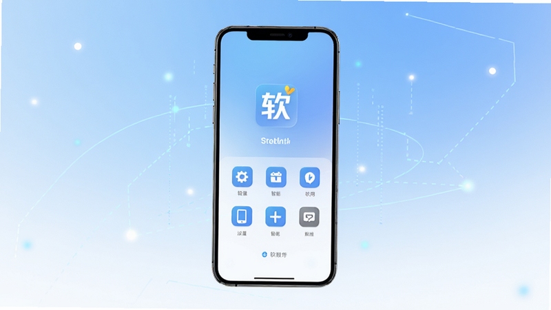 整体画面采用简洁明亮的科技感风格,画面中央放置一部智能手机,手机屏幕上显示巴布软件的启动界面与功能图标,背景为柔和的蓝白渐变,四周点缀轻量的几何线条与光点,突出轻量、智能、易用的产品气质,构图干净,适合软件下载站配图