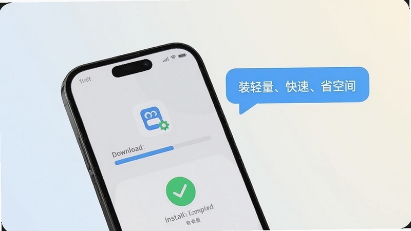 画面展示一部手机正在安装巴布应用,屏幕上有下载进度条与安装完成的勾选标识,旁边悬浮显示轻量、快速、省空间的字样气泡,背景为浅色渐变,整体风格清爽简洁,体现安装便捷的产品特点