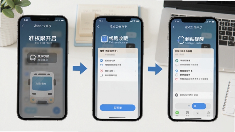 准点公交来来使用教程示意图,画面为手机屏幕分步展示权限开启、线路收藏、到站提醒设置三个操作界面,背景为简洁桌面环境,配以箭头引导视觉动线,整体风格清爽直观,体现准点公交来来上手流程