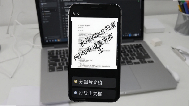文档图片扫描王水印与导出设置界面,手机屏幕展示一份带斜向文字水印的扫描文档预览,下方列出图片与文档两种导出格式选项,背景为浅灰色工作室桌面与一台笔记本电脑,风格为干净的效率工具展示图