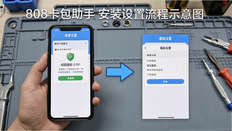 808卡包助手安装设置流程示意图,手机屏幕展示权限授权与基础设置页面,背景为简洁灰色工作台,画面突出操作步骤指引