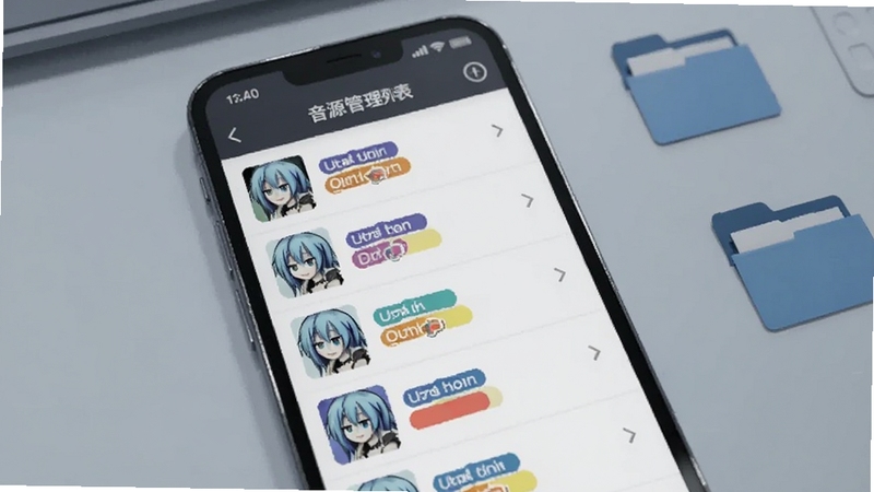 �ֻ�Ӧ�ý���չʾ��Դ�����б�����������Ϊһ�������ֻ�����Ļ����utau��������Դ�б�ҳ�棬ÿ����Ŀ������������ͷ������ͼ���ǩɫ�飬����Ϊ���ǳ��ɫ����̨���Աߵ�׺������Դ�ļ���ͼ�꣬����ɫ��ƫ��ɫϵ��ϸ������������Booguģ������