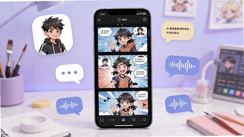 AI漫剧短剧创作软件启动界面,画面中央是手机屏幕展示动态漫画分镜编辑区,背景为淡紫色渐变的工作台场景,周围漂浮着角色立绘、对话气泡和音频波形图标,整体风格清新明亮,突出智能创作氛围