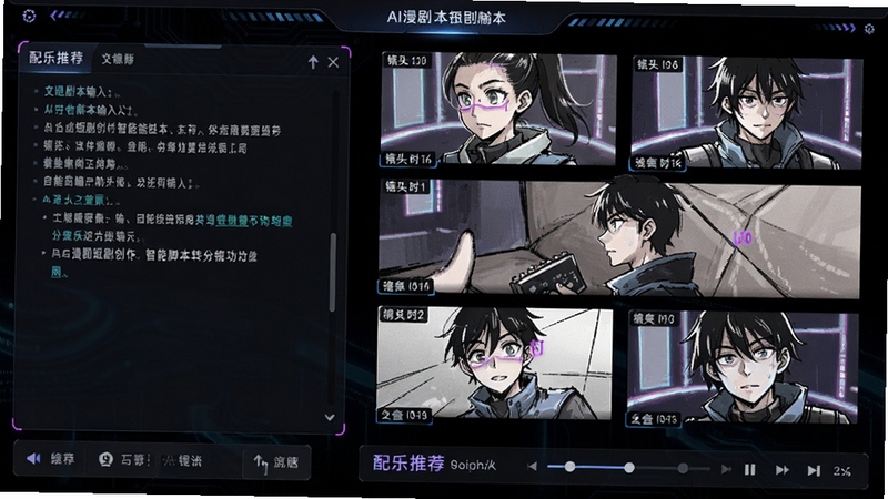 AI漫剧短剧创作智能脚本转分镜功能展示图,界面左侧是文字剧本输入框,右侧自动生成三格漫画分镜预览,每格标注镜头时长与角色动作提示,底部有配乐推荐条,整体采用深色科技感UI风格