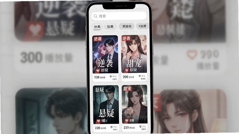 AI漫剧短剧创作模板库页面截图风格图,手机屏幕内展示多行竖版漫剧封面卡片,卡片上有“逆袭”“甜宠”“悬疑”等标签和播放量数据,背景为浅灰色网格布局,顶部有搜索框和分类筛选按钮