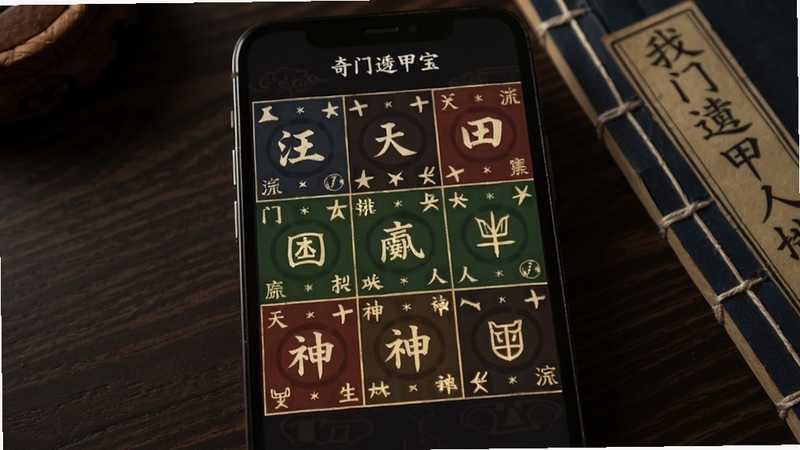 奇门遁甲宝手机排盘界面九宫格展示,古风配色,天盘地盘人盘神盘分层清晰,宫位内星门神仪标注醒目,手机屏幕特写,背景为深色木质桌面与线装古籍,整体氛围沉稳专业