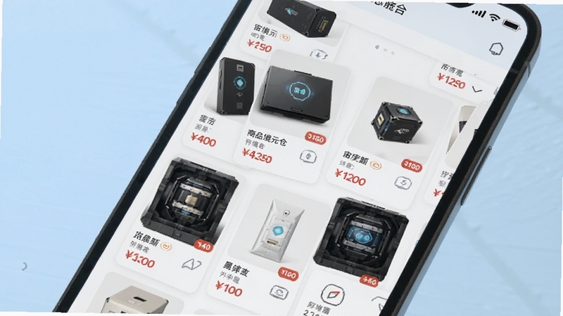 宙境元仓商品聚合浏览界面特写,画面主体为手机屏幕上的商品卡片列表,每张卡片包含商品缩略图与价格标签,背景为柔和浅蓝色调,界面元素整齐排列,体现信息集中管理的便捷感