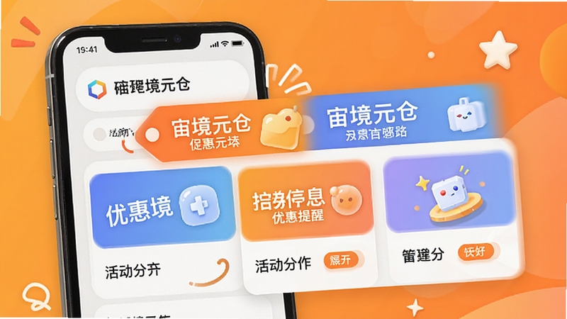 宙境元仓优惠信息提醒功能展示图,画面主体为手机屏幕上弹出的优惠标签与活动卡片,背景为暖橙色渐变,画面氛围轻松活泼,突出提醒功能的醒目与友好