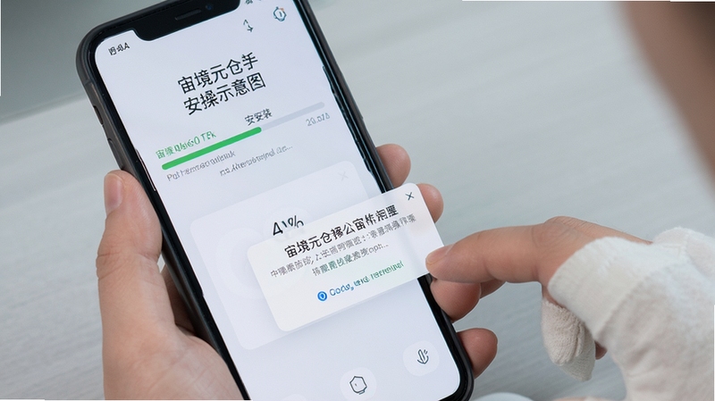 宙境元仓新手安装操作示意图,画面主体为手持手机进行安装确认的局部特写,屏幕显示安装进度条与权限提示弹窗,背景为简洁的浅灰桌面,画面风格写实清晰,突出操作步骤的直观性