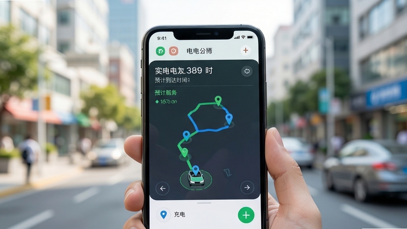 E打电小哥应用订单界面特写,手机屏幕显示充电车实时位置轨迹与预计到达时间,背景为模糊的城市街区,画面明亮清新,突出即时服务与便捷交互