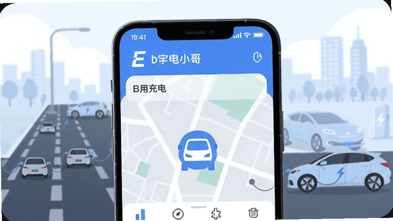 画面主体为一部智能手机屏幕显示E打电小哥应用首页地图与充电车图标,背景为城市道路与新能源汽车轮廓,整体采用科技蓝与白色调,扁平化插画风格,突出移动充电服务场景