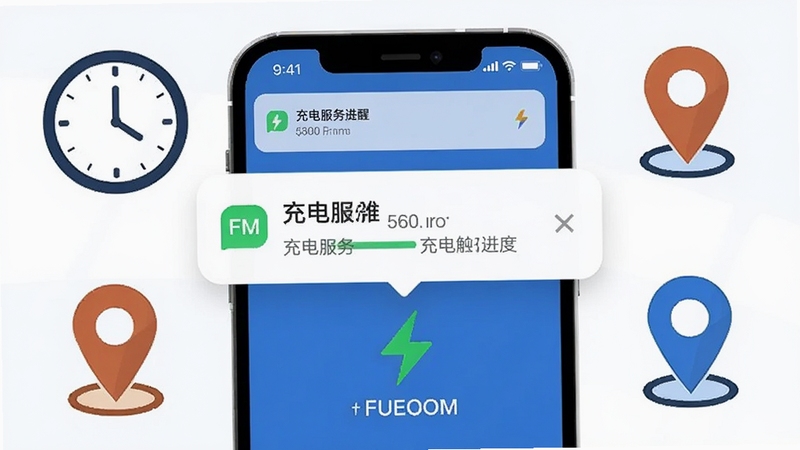 E打电小哥手机通知栏弹出充电服务进度提醒,画面以手机界面为中心,周围环绕时钟与定位图标元素,简洁明快的矢量风格,体现消息即时触达