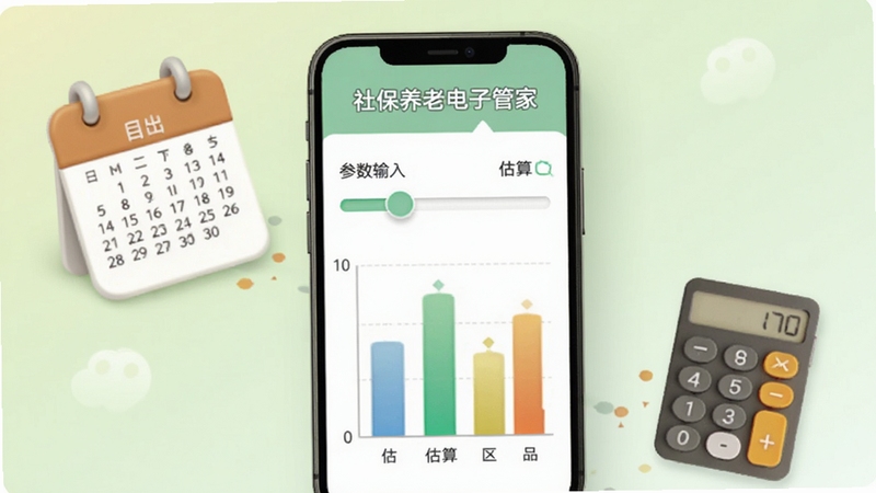 社保养老电子管家退休待遇测算页面,手机屏幕显示参数输入滑块与估算结果区间条形图,旁边有日历与计算器元素点缀,背景为浅绿色渐变,风格温和亲切