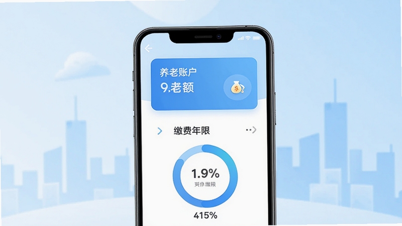 社保养老电子管家应用主界面展示,画面中央为手机屏幕,屏幕内呈现养老账户余额卡片与缴费年限环形图,背景为浅蓝色渐变与抽象城市剪影,整体风格简洁清爽,适合应用商店展示图