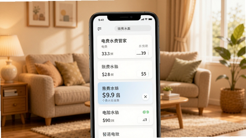 个人电费水费管家应用首页界面展示,画面中央为手机屏幕,屏幕内呈现电费水费账单卡片式布局,背景为温馨家庭客厅场景,柔和暖色调,扁平化设计风格,细节清晰,适合应用商店宣传展示