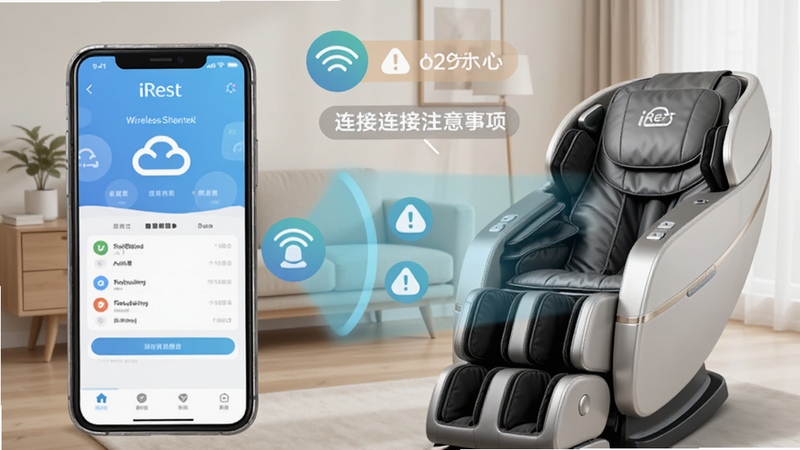 画面主体为一部手机与智能按摩椅之间的无线连接示意图,手机屏幕显示iRest云应用界面,坐标位于画面左侧,按摩椅位于右侧,两者之间用淡蓝色光线连接,背景为简洁的居家环境,画面中带有醒目的提示图标与文字标注,整体风格为信息图解式,色彩明快,突出连接操作与注意事项