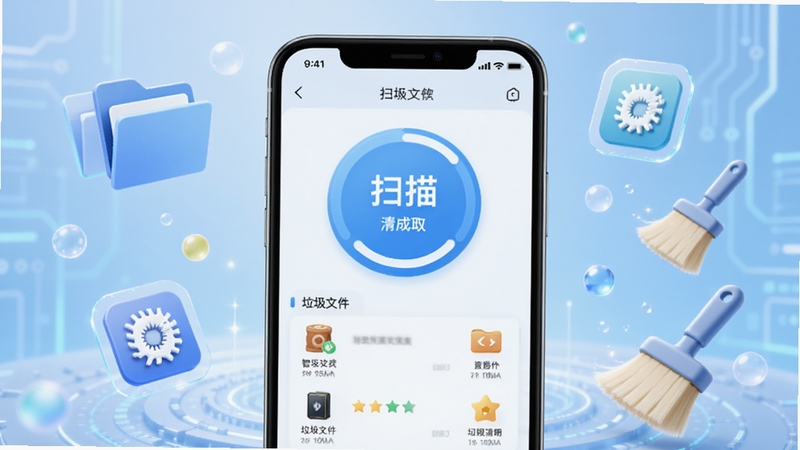 全效识别清理助手软件主界面展示,画面中央为手机屏幕特写,屏幕内呈现扫描进度环与垃圾文件分类列表,背景为浅蓝色渐变科技感空间,周围漂浮着文件夹、缓存图标与清理刷元素,整体风格清爽明亮,突出智能识别与空间释放的核心概念