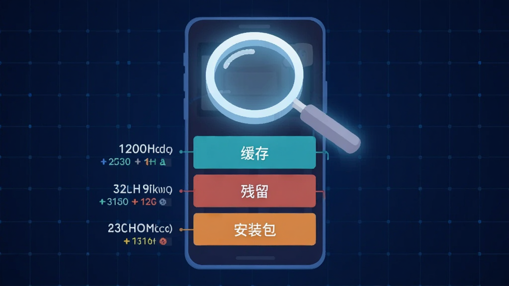 画面主体为一只发光的放大镜悬停在手机存储结构示意图上方,放大镜下方分层显示“缓存”“残留”“安装包”三个彩色区块,区块旁标注对应占用大小,背景为深蓝色科技网格,风格为扁平化信息图插画,布局居中对称,画质清晰,无多余元素