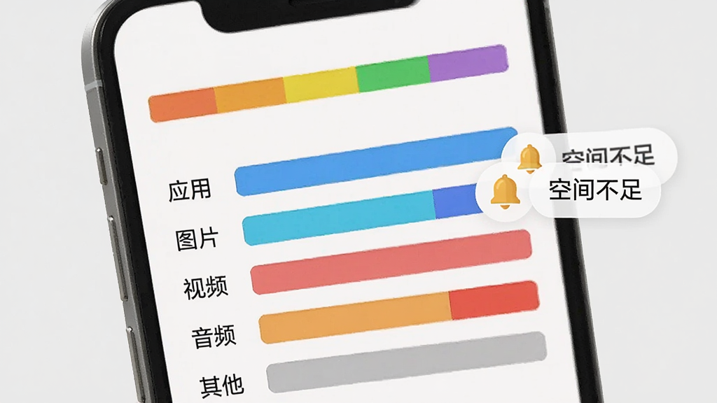 画面为一部手机屏幕特写,屏幕上方显示彩色分段式存储占用条,下方列出“应用”“图片”“视频”“音频”“其他”五个条目及对应色块,手机旁悬浮一个小铃铛图标和“空间不足”提示气泡,背景为浅灰色极简风格,布局清晰,画质干净,无多余元素