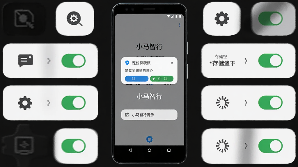 画面主体为一部安卓手机显示小马智行应用启动界面,布局为手机竖屏居中、周围环绕设置图标与权限开关元素,排版为居中对称构图,风格为简洁教程示意风,细节包括定位权限弹窗、存储空间提示、屏幕中带文字“小马智行”,画质高清、干净、无多余元素