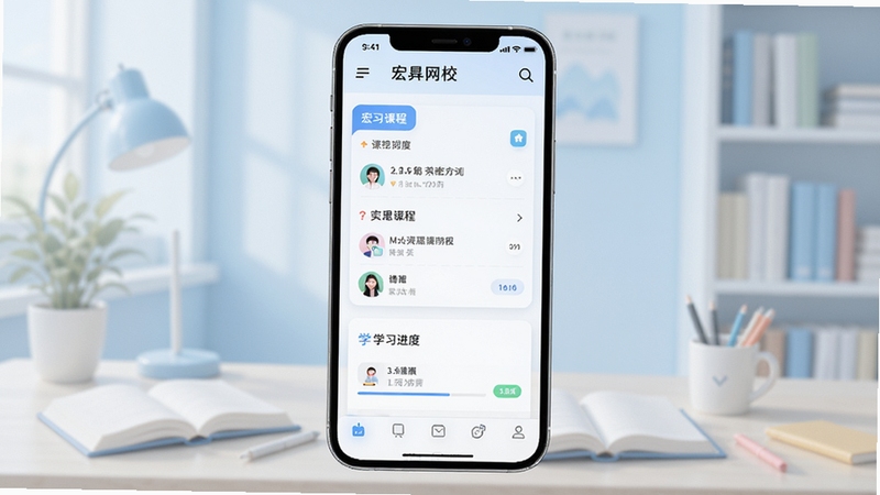 宏网校 主界面课程列表与学习进度卡片,手机屏幕居中展示,背景为浅蓝色渐变学习场景,画面干净明亮,适配Boogu模型生成