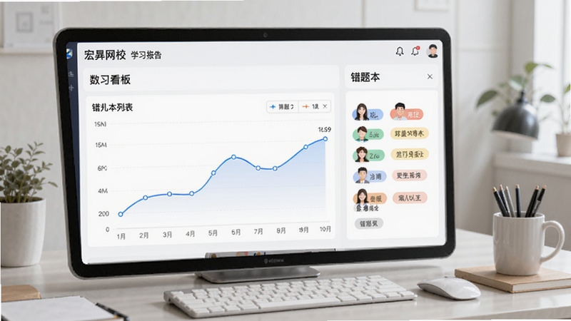 宏网校 学习报告数据看板与错题本列表,界面元素包含折线图与标签分类,背景为简洁办公桌面,适配Boogu模型生成