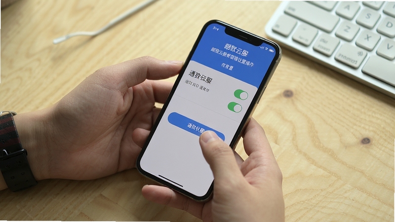 朗致云服安装设置操作示意,画面主体为双手持手机进行权限设置界面操作,屏幕显示朗致云服通知权限开关页面,背景区域为浅色木质桌面与键盘一角,光线自然,构图简洁,突出操作引导感