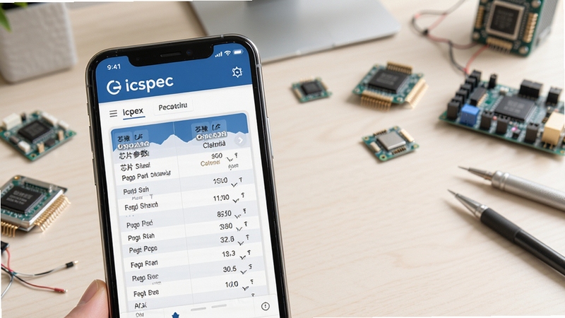 icspec软件替代型号查询页面,手机界面显示两款芯片参数对比表格,背景为浅色办公桌面与电子元件,突出选型参考场景