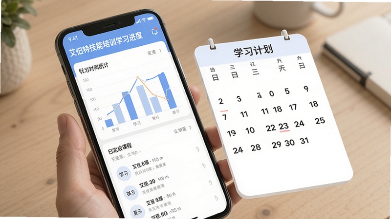 �����ؼ�����ѵѧϰ����ҳ�棬�ֻ�������ʾѧϰʱ��ͳ��ͼ��������ɿγ��б����Ա����������ѧϰ�ƻ�������ɫ����ͣ�ͻ�����ݿ��ӻ�Ԫ��