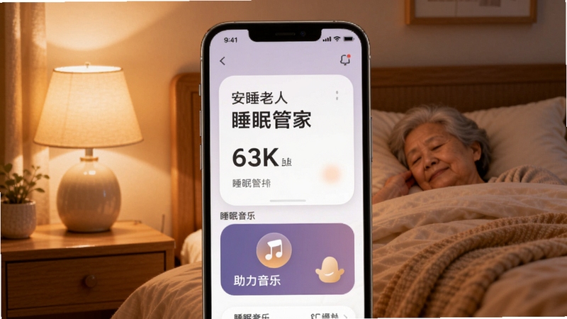 安睡老人睡眠管家应用主界面全貌展示,画面中央为手机屏幕呈现大字体睡眠数据卡片与助眠音乐入口,背景为温暖卧室环境,柔和暖光台灯与整洁床铺作为背景区域,整体色调温馨治愈,适配Boogu模型生成
