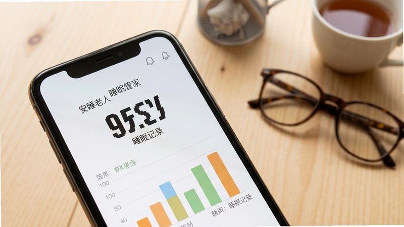 安睡老人睡眠管家睡眠记录页面特写,手机屏幕显示大号数字与简易柱状图,画面主体位于中央偏左,背景为浅色木纹桌面与老花镜、茶杯等生活物件,风格写实温暖,细节清晰