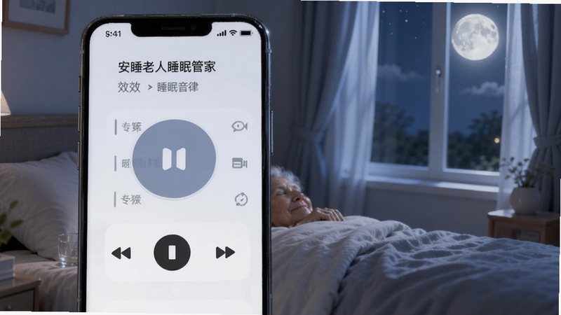 安睡老人睡眠管家助眠音律播放界面,画面展示手机屏幕上的播放控制大按钮与音效列表,背景区域为夜晚卧室窗景与柔和月光,整体氛围宁静安详,色调偏蓝灰柔和