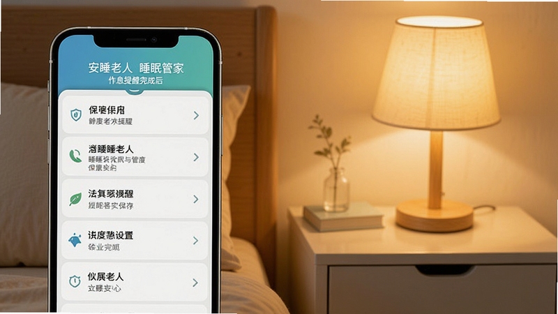 安睡老人睡眠管家作息提醒设置完成后的界面展示,手机屏幕呈现已保存的提醒列表,背景为整洁的床头柜与暖色台灯,画面温馨有序
