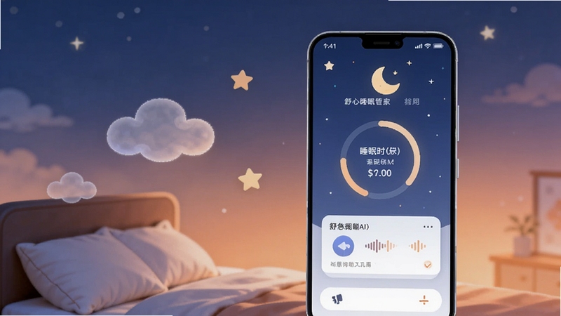 整体画面采用柔和的深蓝与暖橙渐变夜空背景,画面中央偏右位置放置一部竖屏安卓手机,手机屏幕显示舒心睡眠管家首页界面,界面内有月亮图标、睡眠时长圆环与舒缓音效卡片,手机左侧漂浮半透明的云朵与星星装饰,底部为软枕与床铺的虚化剪影,整体风格温馨治愈,扁平插画质感,光线柔和,构图简洁,突出睡眠辅助应用的核心氛围