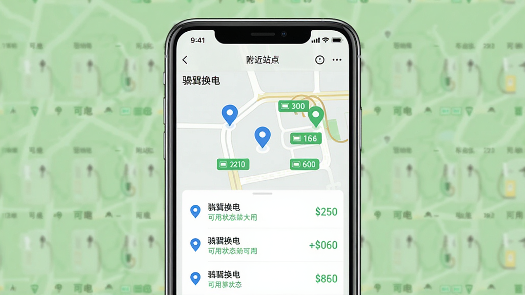 �ֻ���Ļ��ʾ����վ��ͼ���棬����Ϊ�ֻ����ͼ��ǵ㣬���־����ֻ�չʾӦ�ý��棬�Ű��Ϸ�Ϊ״̬���·�Ϊվ���б������Ϊ��ƽ��UI��ƣ�ϸ�ڰ�����ɫ��λͼ�ꡢ��ɫ����״̬��ǩ������������֣����������ɾ��޶���Ԫ�أ���Ļ�����ְ������������硱�롰����վ�㡱