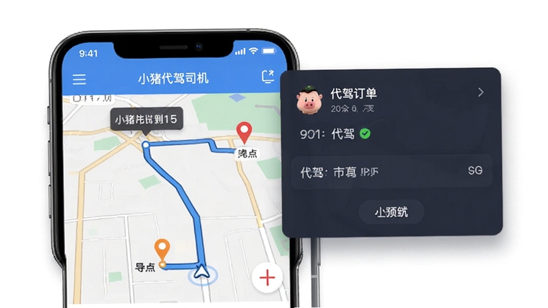 小猪代驾司机应用内导航页面示意图,手机显示地图路线规划,起点与终点清晰标注,界面带有代驾订单信息浮层,整体风格专业简洁,适合展示软件功能