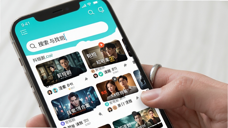 抖短剧全部免搜索与合集浏览界面,手机屏幕展示搜索框与短剧合集列表,用户正在输入关键词查找短剧,界面布局清晰,配色明亮