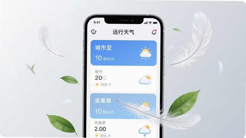 画面中央是一部手机特写,屏幕显示远行天气的城市管理列表界面,列表中排列着多个城市卡片与对应天气图标,手机周围环绕着轻盈的羽毛与绿叶元素,象征轻量与低占用,背景为淡雅的浅灰渐变,整体风格简约干净,突出远行天气轻量化的产品特点