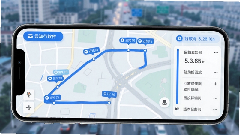 云知行历史路线回放功能界面,手机屏幕展示地图上一条完整行车轨迹线,轨迹上分布多个时间节点标记,画面右侧为回放进度条与时间信息面板,背景为柔和的城市道路俯视虚化场景,整体色调以蓝白为主,突出云知行软件名称字样