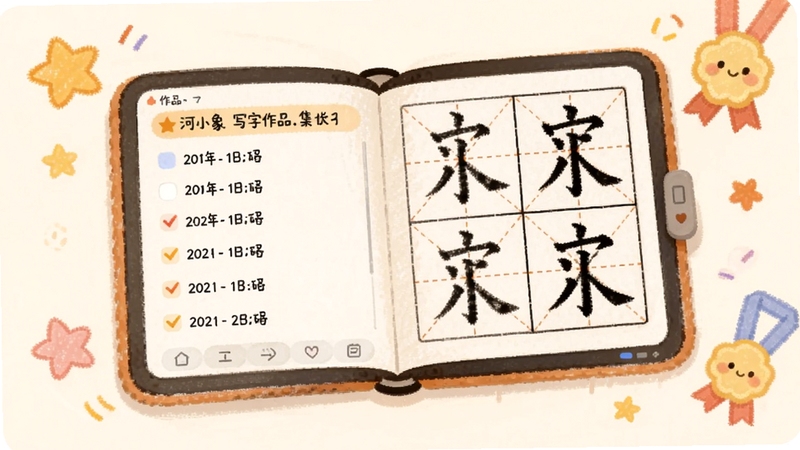 河小象写字作品集界面手绘风格,画面中央是一本翻开的电子作品集,左侧显示日期列表,右侧展示田字格中的汉字书写作品,周围散落星星与小奖章装饰,背景为米白色,整体温馨柔和,适配Boogu模型生成