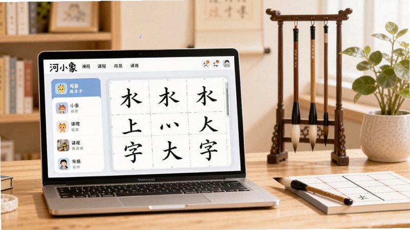 软件主界面全景展示,画面中央偏左放置一台打开的笔记本电脑,屏幕上呈现河小象写字的课程列表与练字格子,背景为暖色调书房环境,右侧点缀毛笔、田字格本与绿植,整体风格清新明亮,构图适配Boogu模型生成