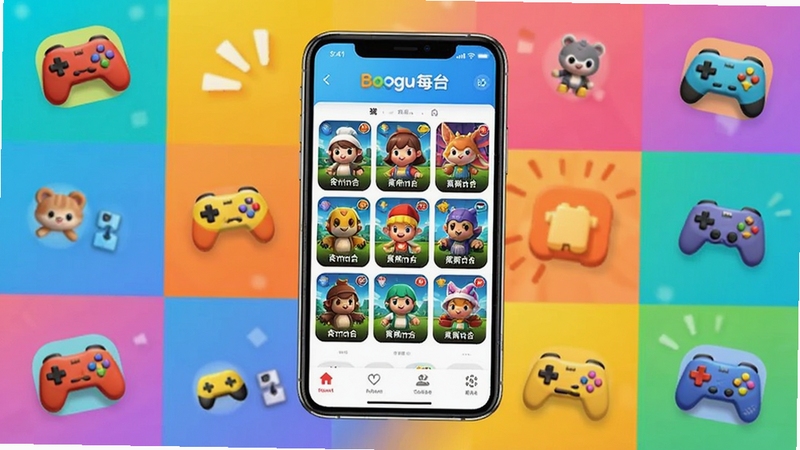 欢乐游戏合集应用主界面全景展示,画面中央为手机屏幕呈现游戏大厅九宫格布局,背景为明亮渐变色块与休闲游戏图标环绕,整体风格活泼清爽,适配Boogu模型生成