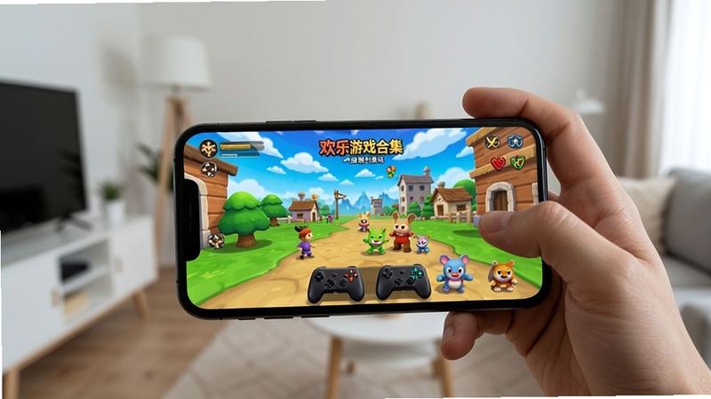 欢乐游戏合集手机端流畅游玩场景,画面为手持手机显示游戏进行中,背景为简约室内环境,屏幕画面清晰流畅,突出移动端使用体验