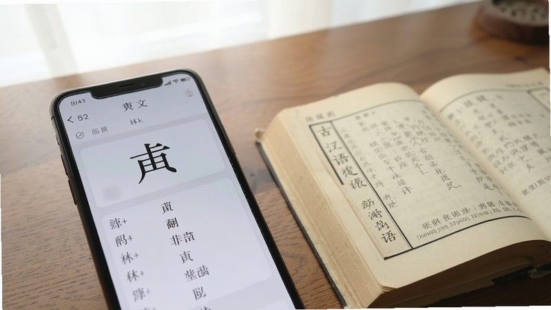 画面特写一部手机屏幕显示古文翻译器的字词查询界面,屏幕中央突出展示一个古汉字及其多个释义条目,手机旁边放置着一本打开的古汉语词典,背景为木质桌面与柔和自然光,整体构图简洁,突出查询功能的专业性与易用性