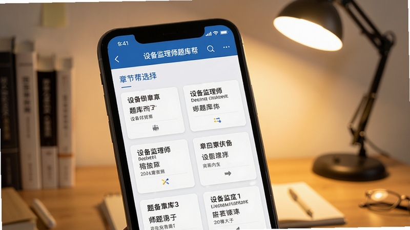 设备监理师题库帮软件章节练习界面特写,手机屏幕显示设备监理师题库帮的章节选择列表,题目卡片整齐排列,背景为书桌场景,有台灯柔和光线照射,画面清晰简洁