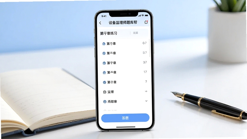 一款名为设备监理师题库帮的手机应用界面展示图,画面中央是一部竖屏智能手机,屏幕内呈现题库练习首页,包含章节列表与答题按钮,背景为浅蓝色渐变的学习场景,桌面摆放笔记本与钢笔,整体风格清新明亮,适配Boogu模型生成