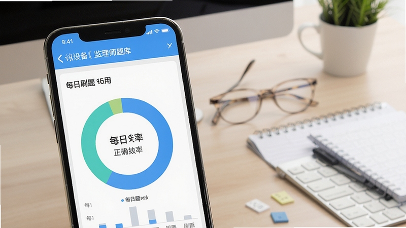 设备监理师题库帮学习统计页面示意图,手机屏幕显示正确率环形图与每日刷题柱状图,界面配色清爽,背景为简洁的办公桌面,体现数据化备考氛围